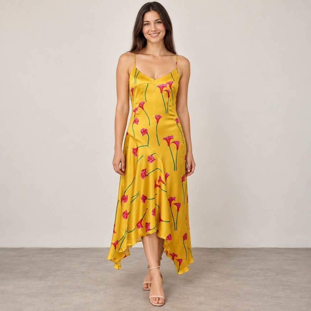Caroline Constas Silk Blend Floral High Low Midi Dress Romantic Resort S